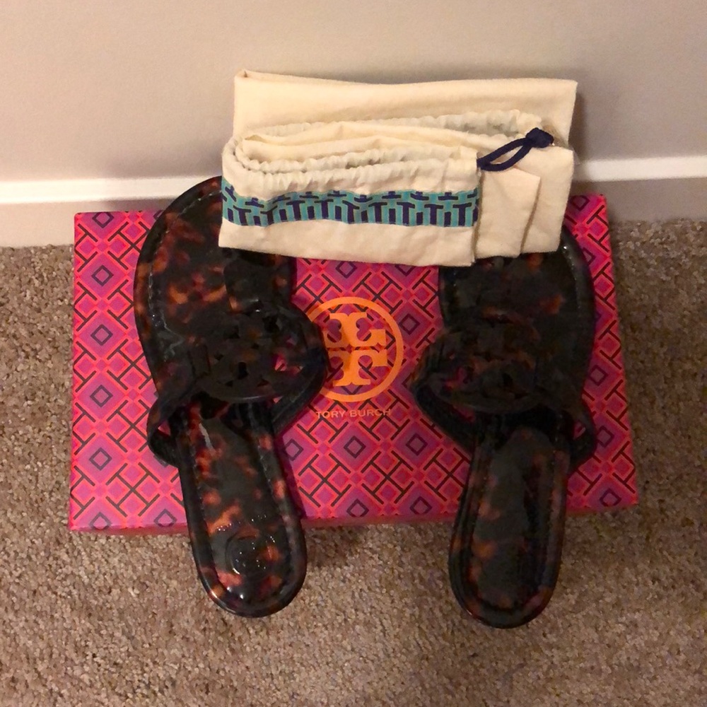 Authentic Tory Burch Miller Sandal tortoise patent